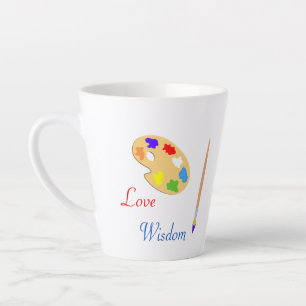 Kunstpalette mit Pinsel & Text auf Weiß Milchtasse