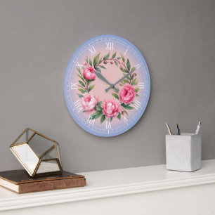 Kunstprint Aquarell Pfingstrosen Kranz Große Wanduhr