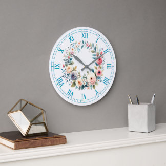 Kunstprint Aquarell Wildblumenrosen Kranz Große Wanduhr