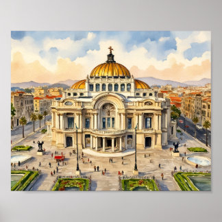 Kunstprint Wasserfarben Stadtansicht Mexico City Poster