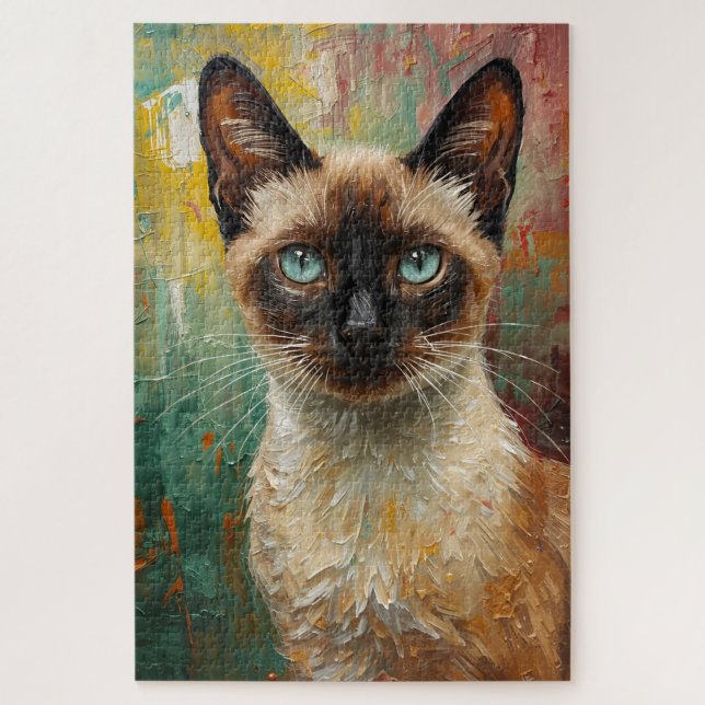 Kunstsiamesische Katze Portrait Lebendes Ölgemälde (Vertikal)