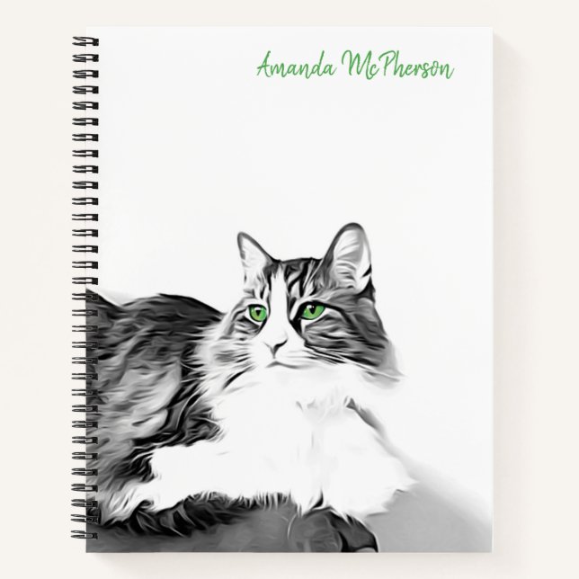 Kunststilistisches Katzenportrait mit grünen Augen Notizbuch (Vorderseite)