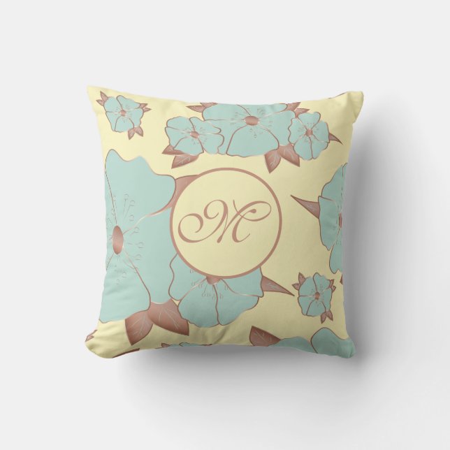 Kupfer Blasses Aquamarines Floral auf Pastellgelb Kissen (Vorderseite)