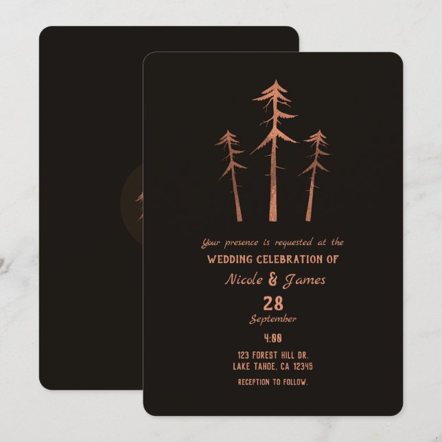 Kupfer Bronze Tall Pine Bäume Rustikale Hochzeit Einladung (Vorne/Hinten)