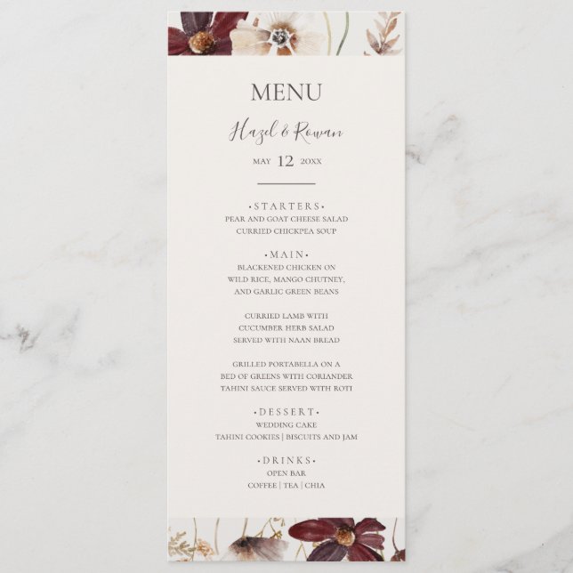 Kupfer-Burgund-Wildblume | Beige Hochzeitsessen Menükarte (Vorderseite)
