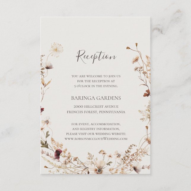 Kupfer Burgund Wildblume Beige Hochzeitsstimmung Begleitkarte (Vorderseite)