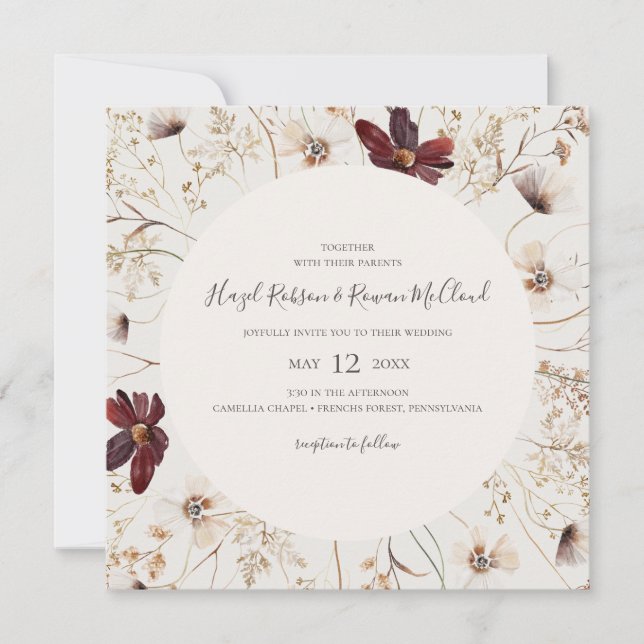 Kupfer-Burgund-Wildblume | Beige Square Wedding Einladung (Vorderseite)