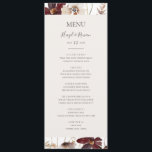 Kupfer-Burgund-Wildblume | Menü für Hochzeiten Menükarte<br><div class="desc">Diese Kupferburgund-Wildblume | Hochzeitsmenü ist perfekt für Ihren klassischen rustikalen Bohrost, Weiß, Marsala Hochzeitsempfang. Das Design besticht durch einen böhmischen Kranz oder ein Bouquet moderner Aquarellfarben mit lila, roten, grauen und rot-rosa Wildblumen sowie verbrannten Orange- und Goldgrün. Im Design vorgestellt sind Mohn und Gerste. Das Design ist ideal für eine...</div>