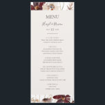 Kupfer-Burgund-Wildblume | Menü für Hochzeiten Menükarte<br><div class="desc">Diese Kupferburgund-Wildblume | Hochzeitsmenü ist perfekt für Ihren klassischen rustikalen Bohrost, Weiß, Marsala Hochzeitsempfang. Das Design besticht durch einen böhmischen Kranz oder ein Bouquet moderner Aquarellfarben mit lila, roten, grauen und rot-rosa Wildblumen sowie verbrannten Orange- und Goldgrün. Im Design vorgestellt sind Mohn und Gerste. Das Design ist ideal für eine...</div>