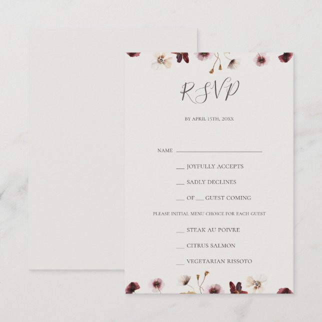 Kupfer Burgundy Wildblume Beige Menü UAWG RSVP Karte (Vorne/Hinten)