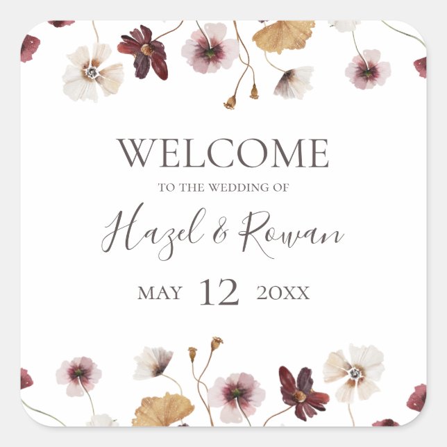 Kupfer Burgundy Wildblume Wedding Welcome Square Quadratischer Aufkleber (Vorderseite)
