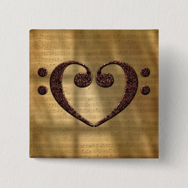 Kupfer Double Bass Clef Heart Music Lover Button (Vorderseite)