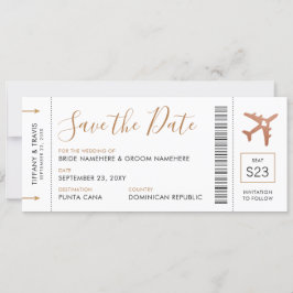 Kupfer-Flugzeug-Ticket Save the Date Ankündigung