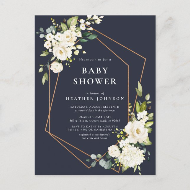 Kupfer Geometric Blue White Floral Baby Dusche Ankündigungspostkarte (Vorderseite)