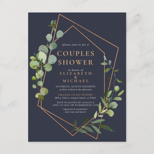 Kupfer Geometric Eucalyptus Blue Couples Dusche Ankündigungspostkarte (Vorderseite)