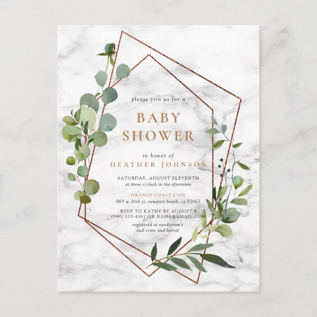 Kupfer Geometric Eucalyptus Marble Baby Showdusche Ankündigungspostkarte (Vorderseite)
