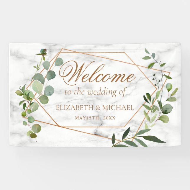 Kupfer Geometric Eucalyptus Marble Elegante Hochze Banner (Horizontal)