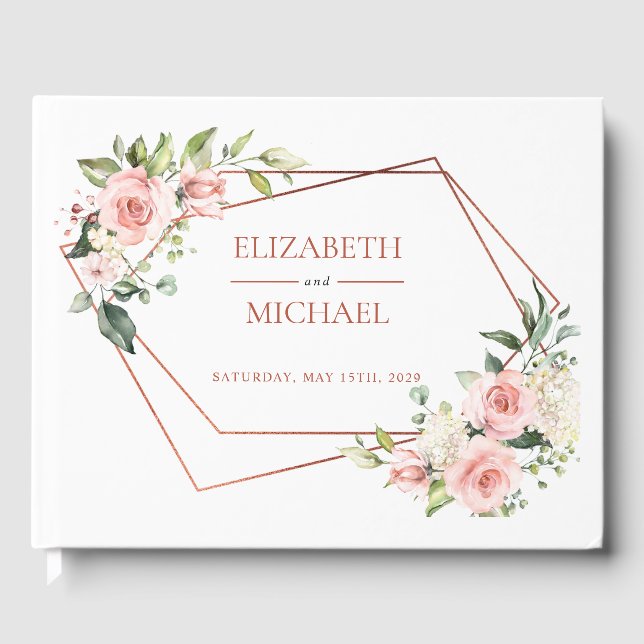 Kupfer Geometrie Peach Pink Floral Gästebuch (Vorderseite)