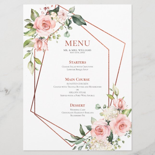 Kupfer Geometrie Peach Pink Floral Menükarte (Vorderseite)