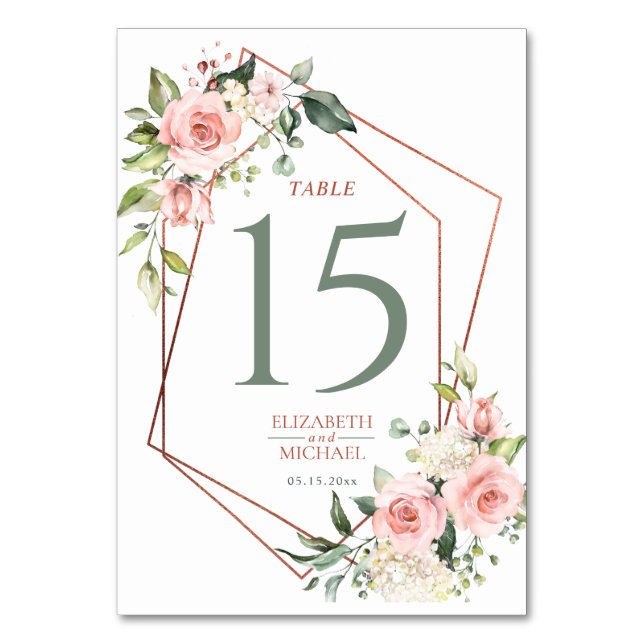 Kupfer Geometrie Peach Pink Floral Tischnummer (Vorderseite)