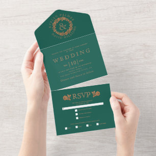Kupfer Glitter Rosenkranz auf Immergrün Hochzeit  All In One Einladung