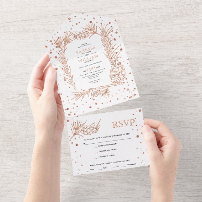 Kupfer Glitzer Kiefer und Konfetti Winterhochzeit All In One Einladung (Abreißen)