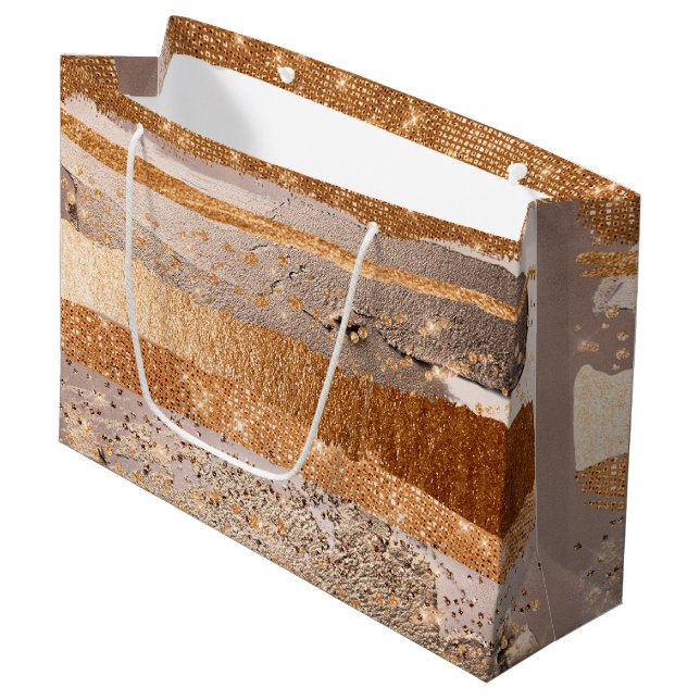 Kupfer Gold Schlaganfälle Glamour Textur Große Geschenktüte (Vorderseite Schrägansicht)