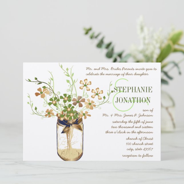 Kupfer Limonen Olivenmason Jar Wild Blume Hochzeit Einladung (Stehend Vorderseite)