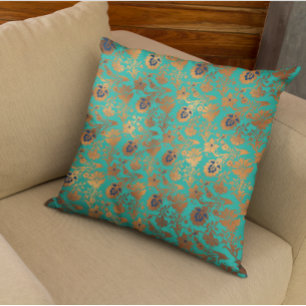 Kupfer Metallisch Teal Patina Blau Floral Kissen