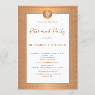 Kupfer Metallisches White Monogram Retirement Part Einladung