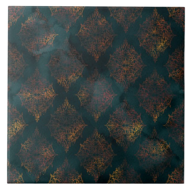 Kupfer Patina Damask Wasserfarbmuster Fliese (Vorderseite)
