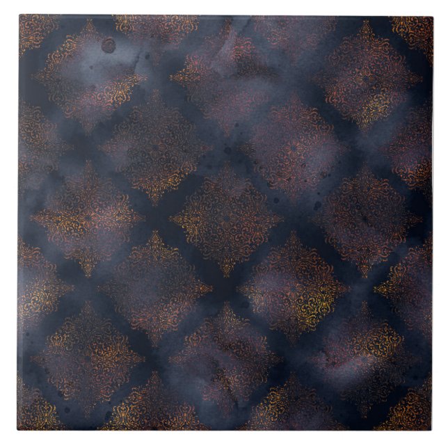 Kupfer Patina Damask Wasserfarbmuster Fliese (Vorderseite)