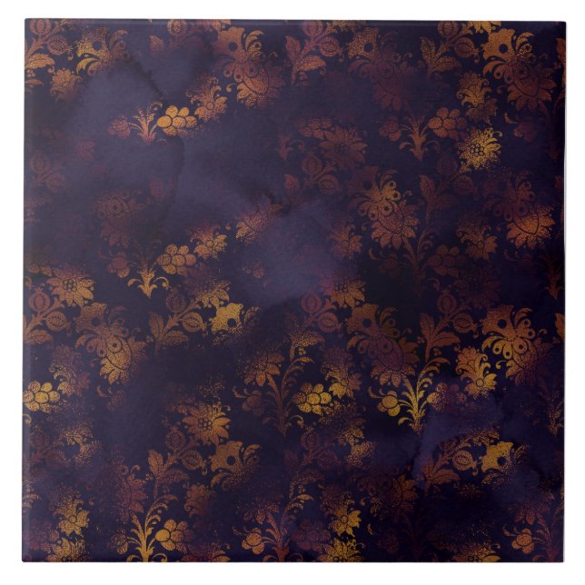 Kupfer Patina Damask Wasserfarbmuster Fliese (Vorderseite)
