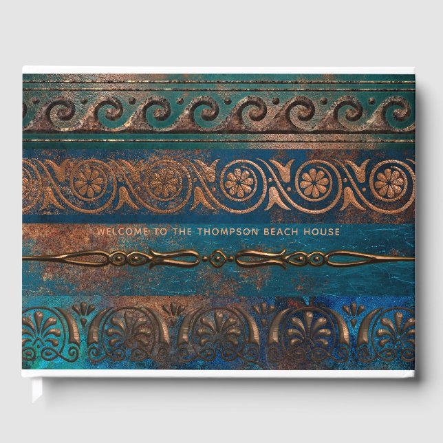 Kupfer Patina und türkisfarbenes griechisches Meta Gästebuch (Vorderseite)