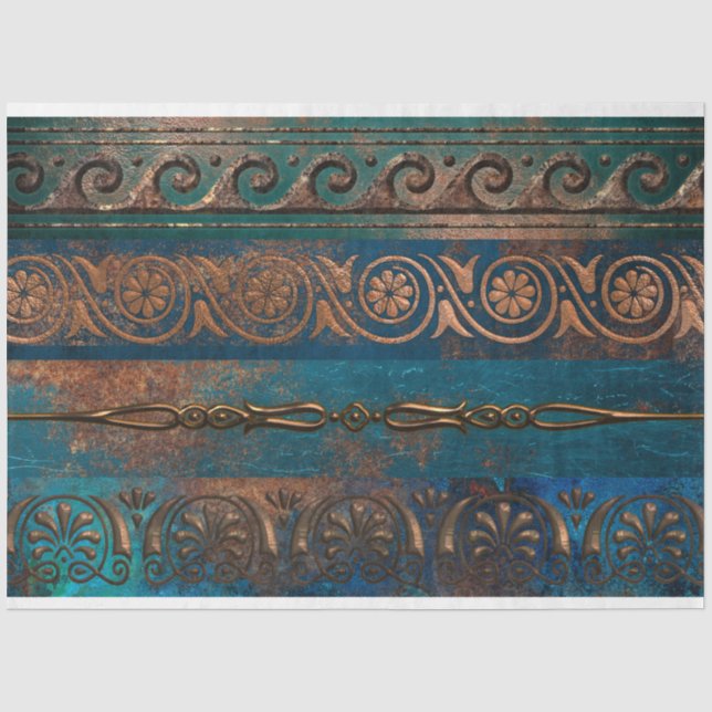 Kupfer Patina und türkisfarbenes griechisches Meta Seidenpapier (Vorderseite)