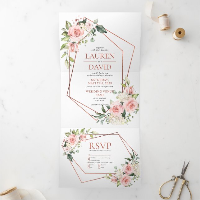 Kupfer Pfirsich Rosa Eukalyptus-Hochzeit Dreifach Gefaltete Einladung (Innenseite)