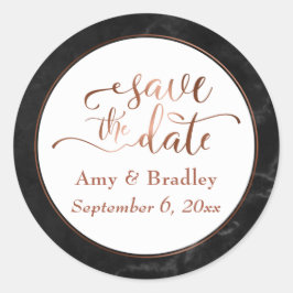 Kupfer Save the Date Skript über schwarzen Marmor Runder Aufkleber