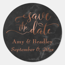 Kupfer Save the Date Skript über schwarzen Marmor Runder Aufkleber