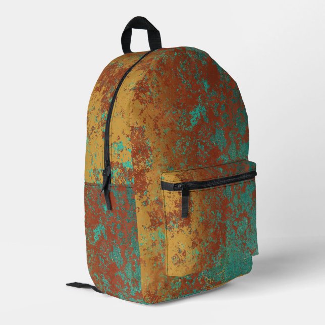 Kupfer Türkis Blau Orangenbraun Textur Bedruckter Rucksack (Rückseitige Ecke links)
