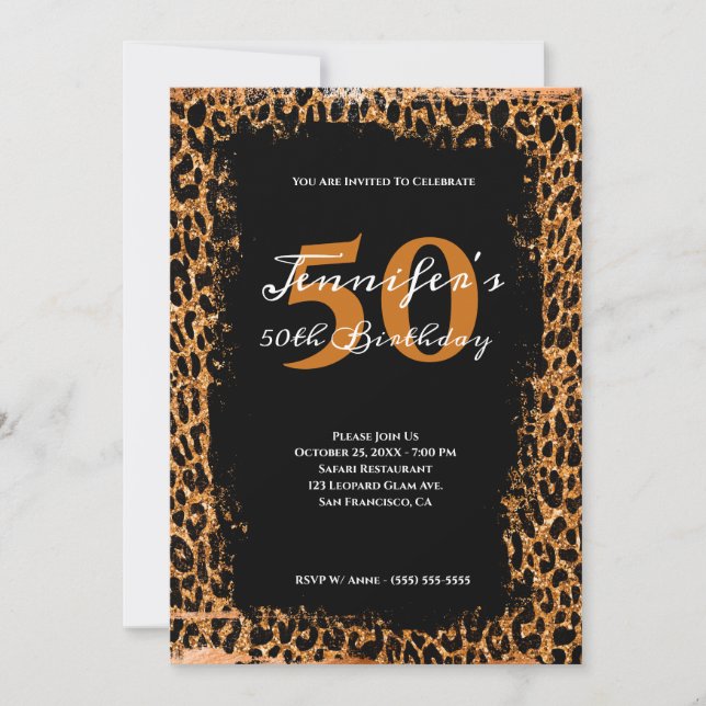 Kupfer und Black Glam Leopard Safari 50. Geburtsta Einladung (Vorderseite)