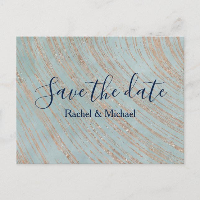 Kupfer und Blauer Marmor Save the Date Ankündigungspostkarte (Vorderseite)