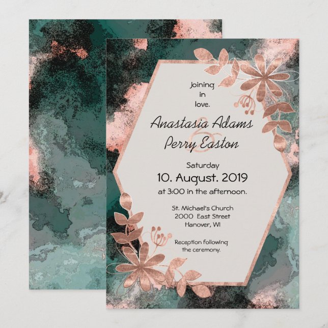 Kupferfloral auf Schwarz und Aquamarine Wasserfarb Einladung (Vorne/Hinten)