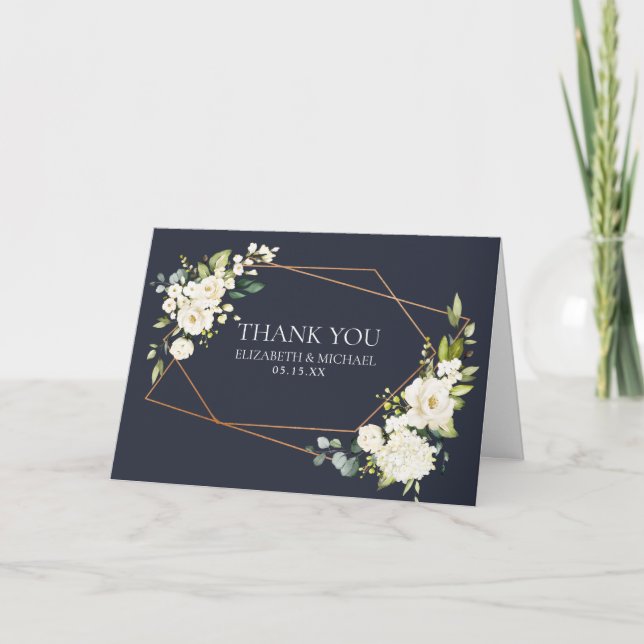 Kupfergeometric Blue White Floral Foto Hochzeit Karte (Vorderseite)