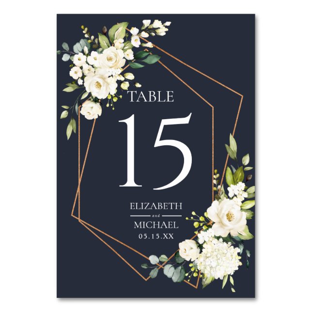 Kupfergeometric Blue White Floral Wedding Tischnummer (Vorderseite)