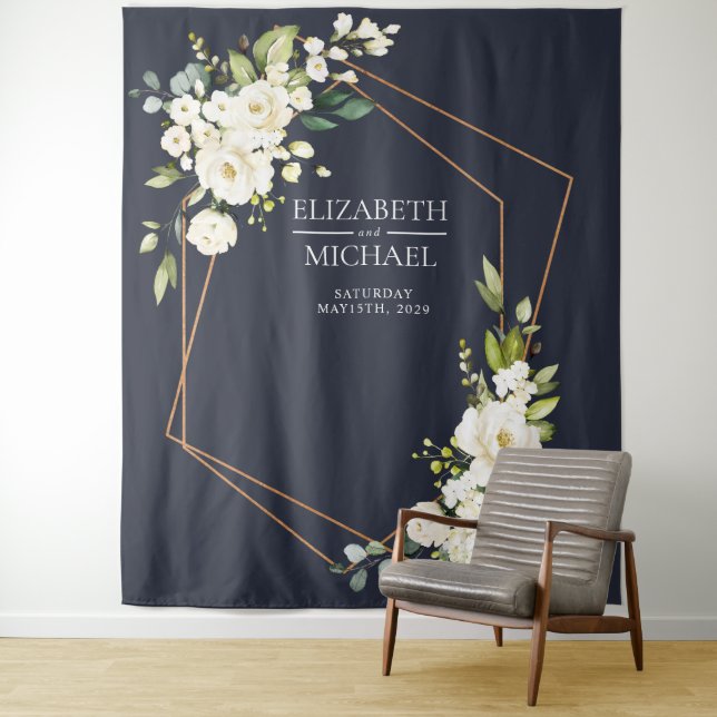 Kupfergeometric Blue White Floral Wedding Wandteppich (Beispiel)