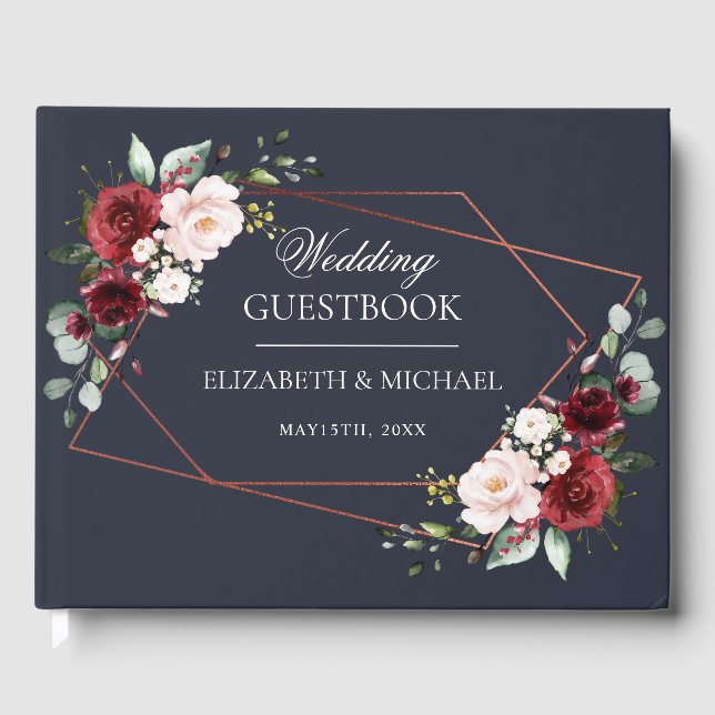 Kupfergeometric Burgundy Navy Elegante Hochzeit Gästebuch (Vorderseite)