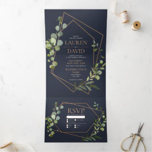Kupfergeometric Eucalyptus Blue Elegante Hochzeit Dreifach Gefaltete Einladung