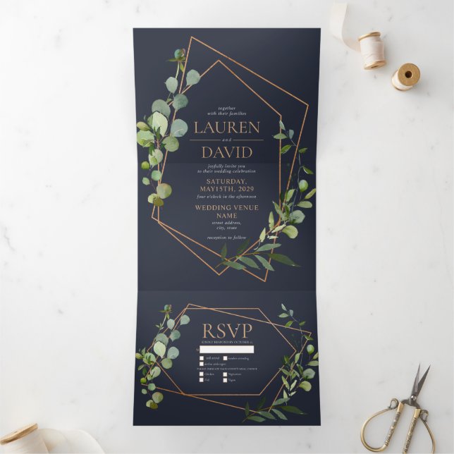 Kupfergeometric Eucalyptus Blue Elegante Hochzeit Dreifach Gefaltete Einladung (Innenseite)