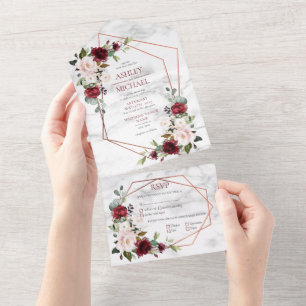 Kupfergeometrische Burgundy- und Blush-Blues-Hochz All In One Einladung