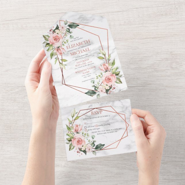Kupfergeometrische Marmor Rosa Blumenzange All In One Einladung (Abreißen)